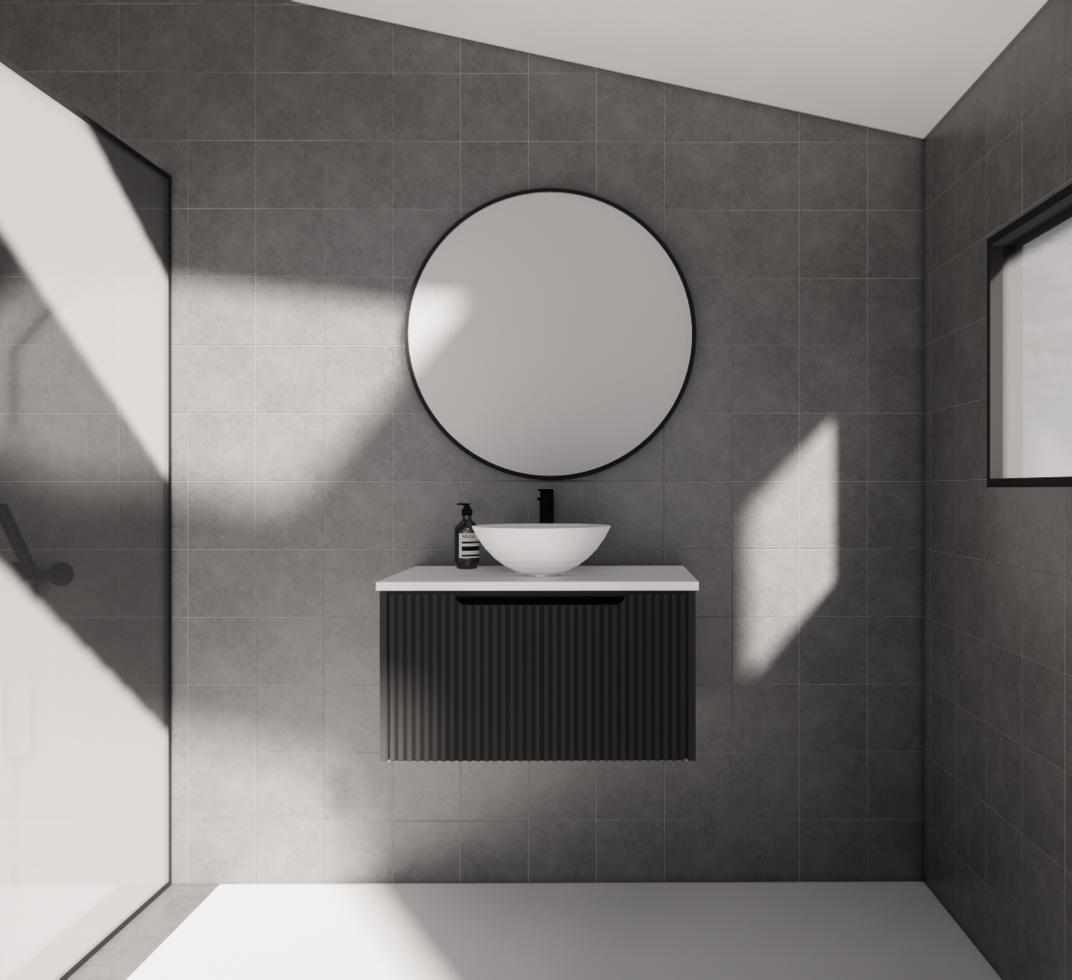 Modern black wall-mounted bathroom vanity with vessel sink, round mirror, and grey tiles