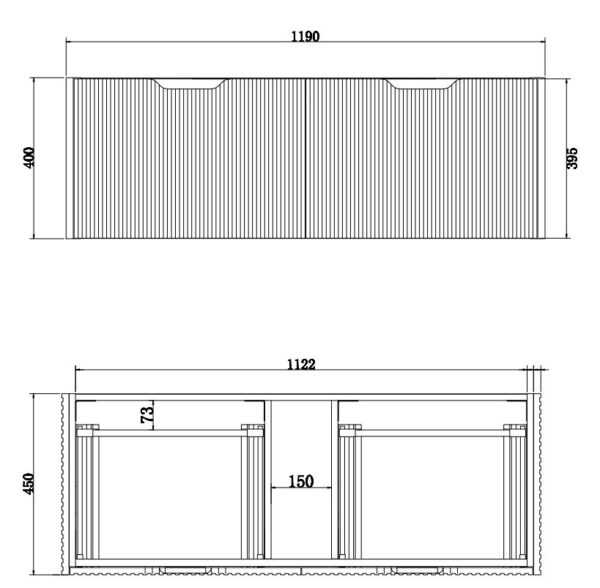 Technical drawing of modern bathroom vanity unit with measurements, Secasa Home