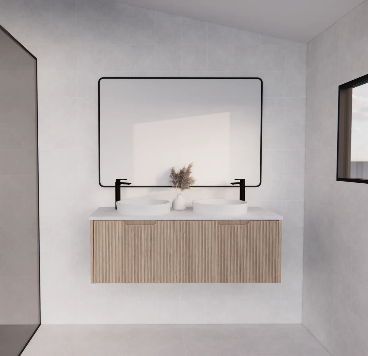 Modern bathroom with light wood floating vanity, dual vessel sinks, large framed mirror, and black tapware