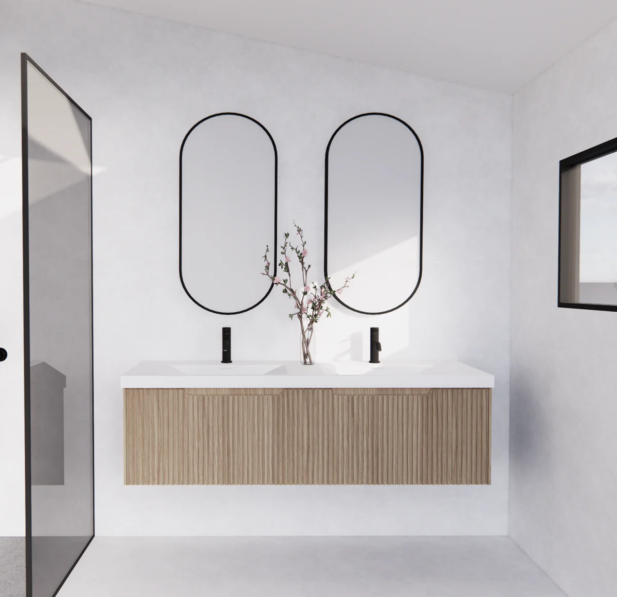Modern bathroom with Vienna oak floating vanity, double sinks, black tapware, and dual mirrors