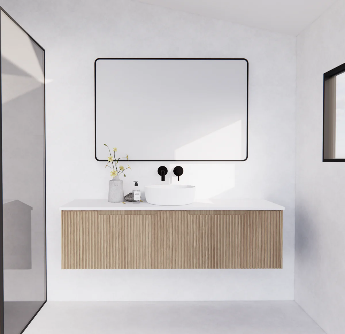 Modern floating bathroom vanity with vertical wood panels, round basin, and large mirror in minimalist setting