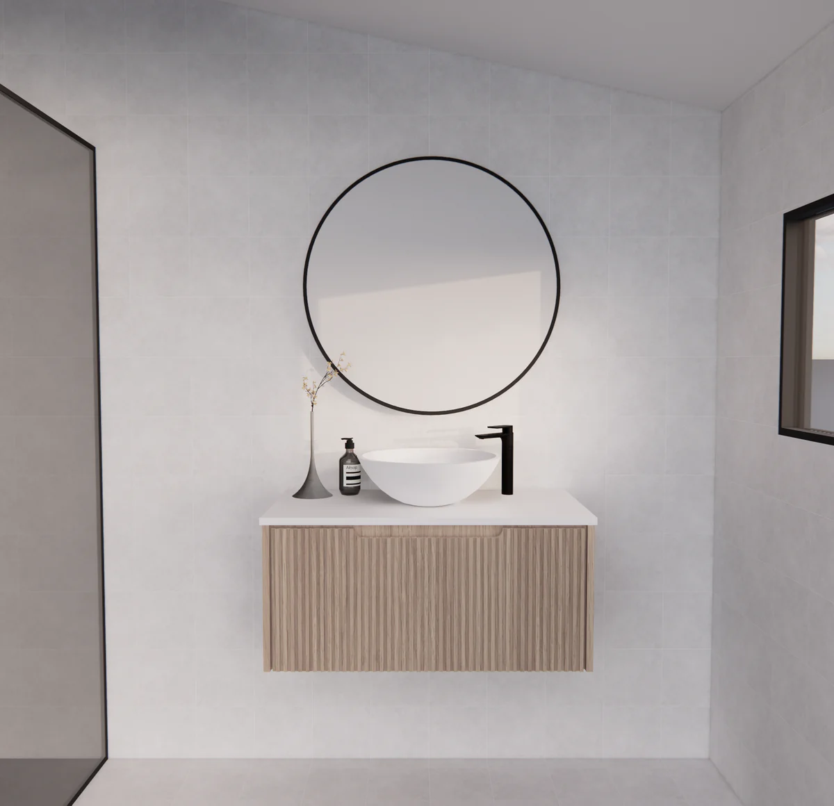 Modern bathroom vanity with ribbed timber drawer, white basin, black tapware, and round mirror