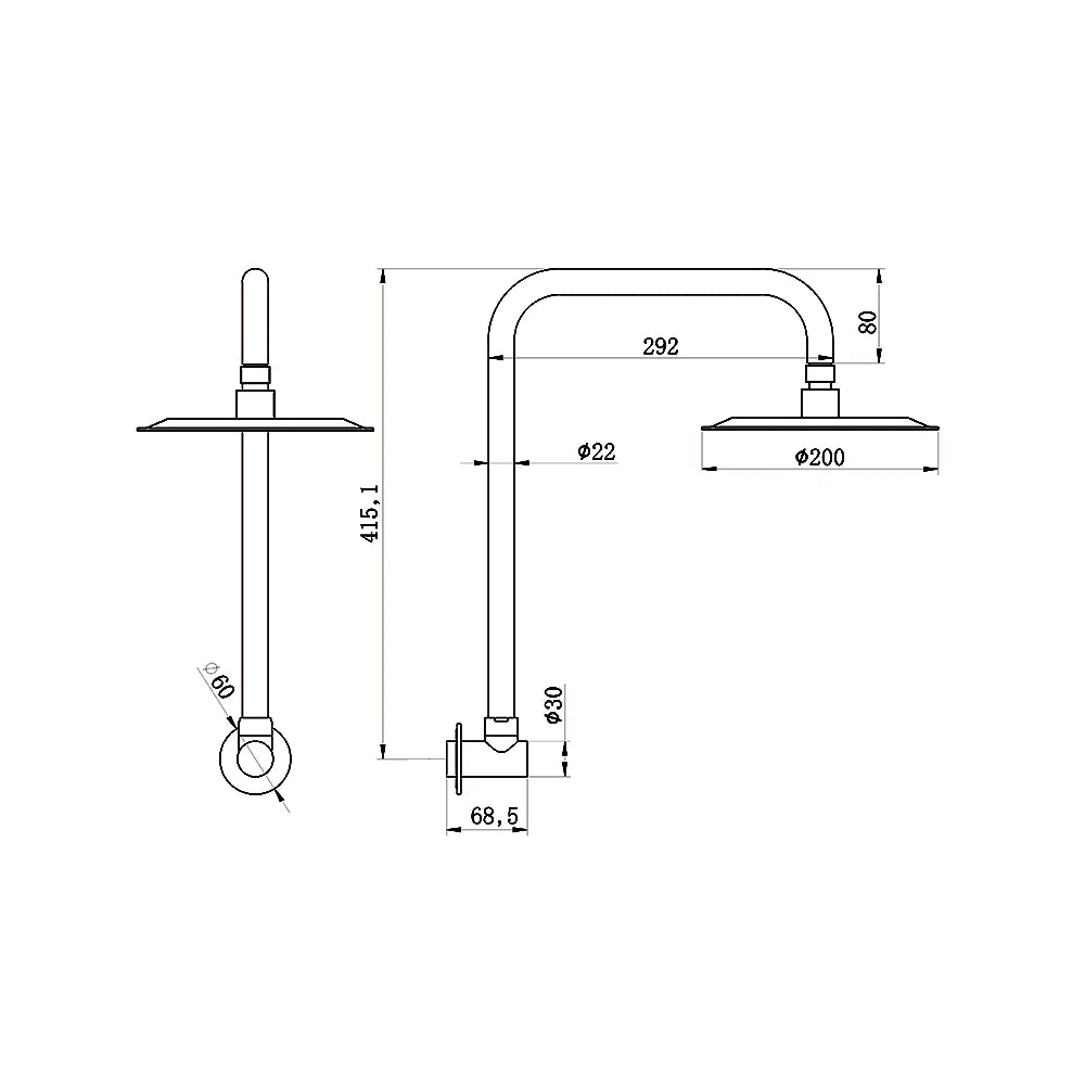 AMOZA 200mm Round Shower Head & Gooseneck Arm Set  | Chrome, Brushed Stainless Steel, Gun Metal, Matt Black, Brushed Gold