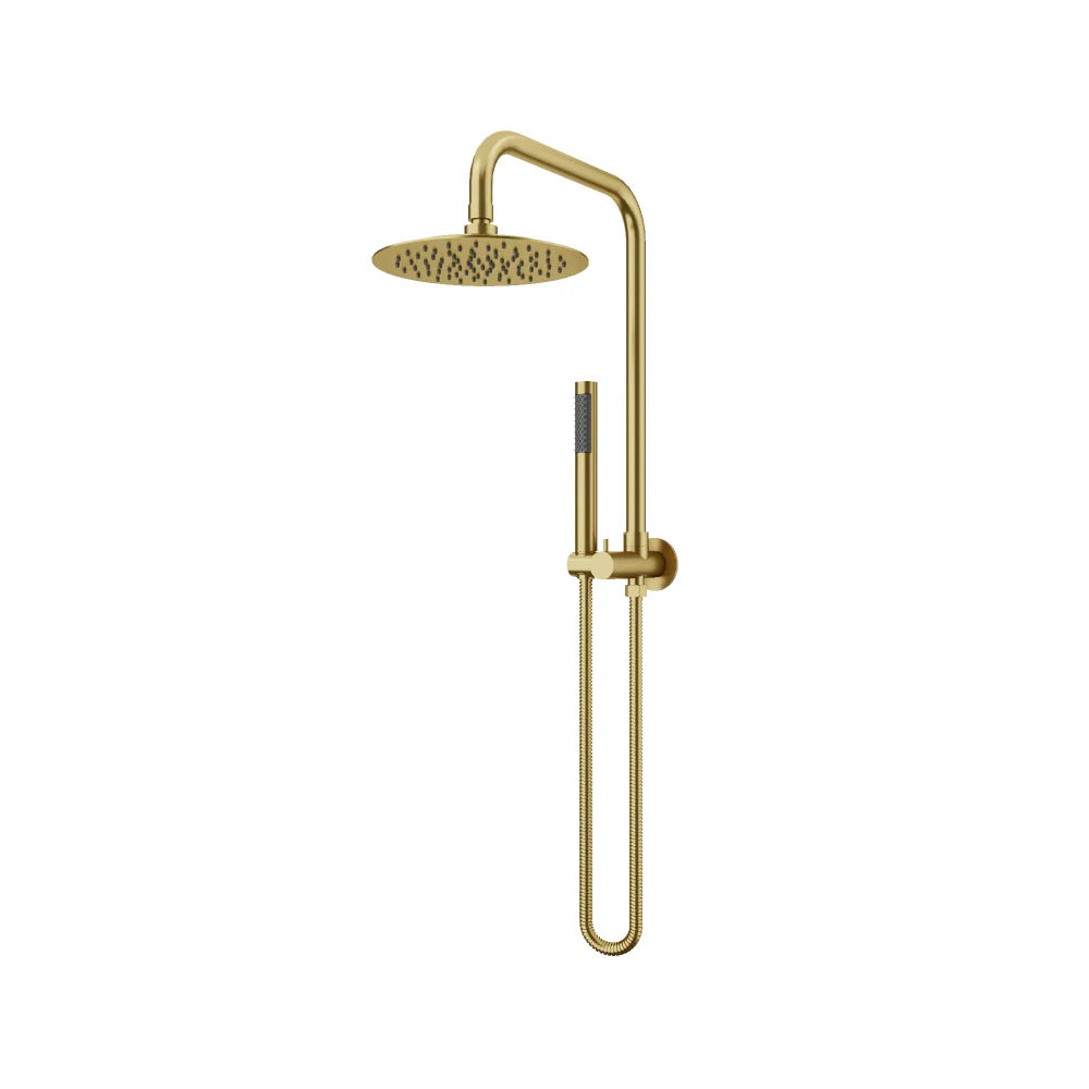 Brushed Gold AMOZA 200mm Round Twin Shower Set WELS S18939 on a white background