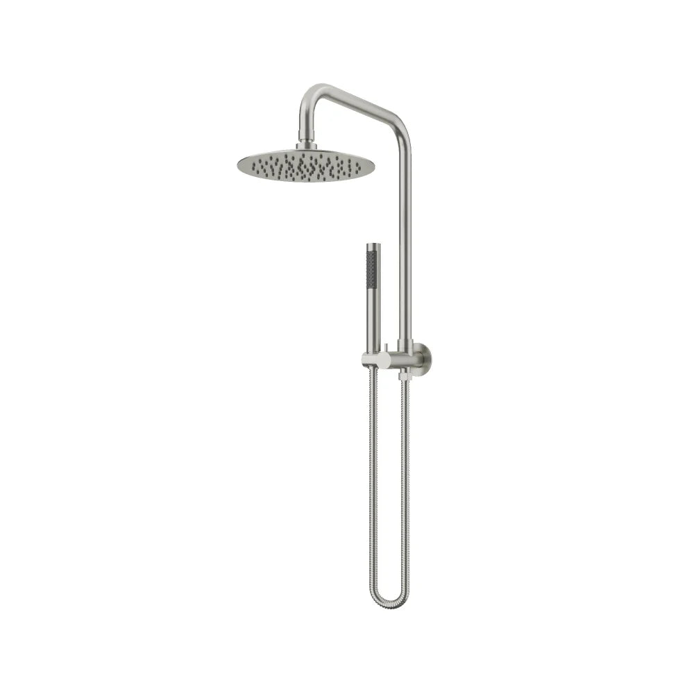 Brushed Stainless Steel AMOZA Twin Shower System with Pencil Hand Shower on a white background