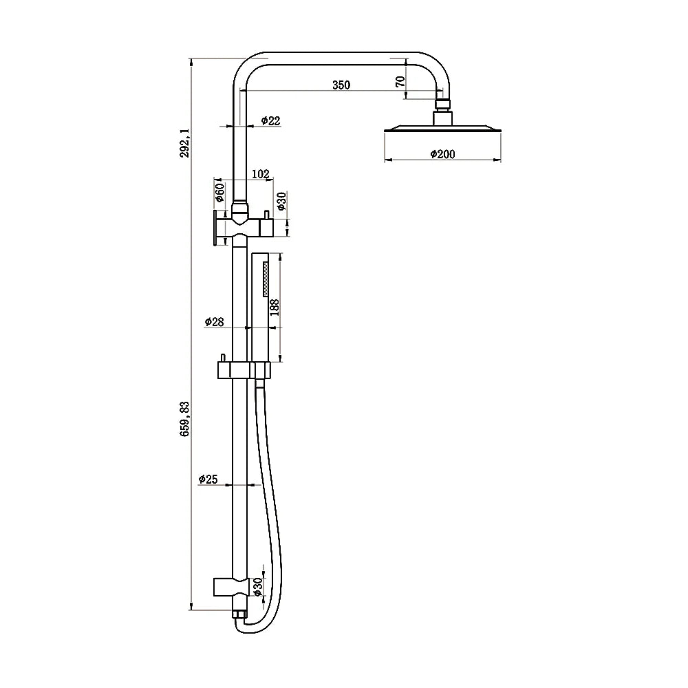 Technical drawing of AMOZA 200mm Round Twin Shower Set with dimensions on a white background