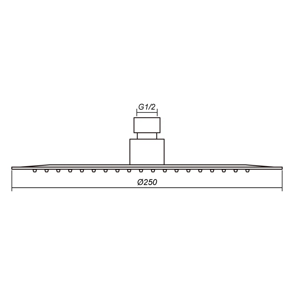 Technical dimension drawing of the AMOZA 250mm round rainfall shower head showing diameter and nozzle layout