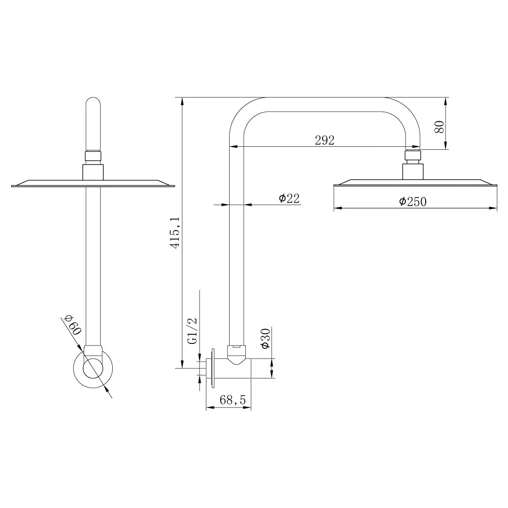 Technical dimension drawing for AMOZA round rainfall shower head set showing 250mm diameter and gooseneck shower arm measurements