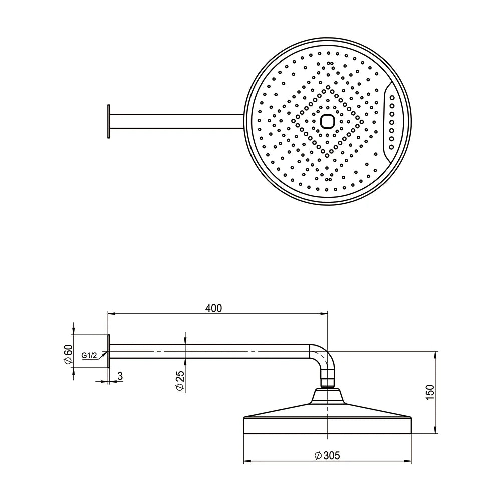 Technical dimension diagram for AMOZA 300mm Curved Shower Arm and Head Set
