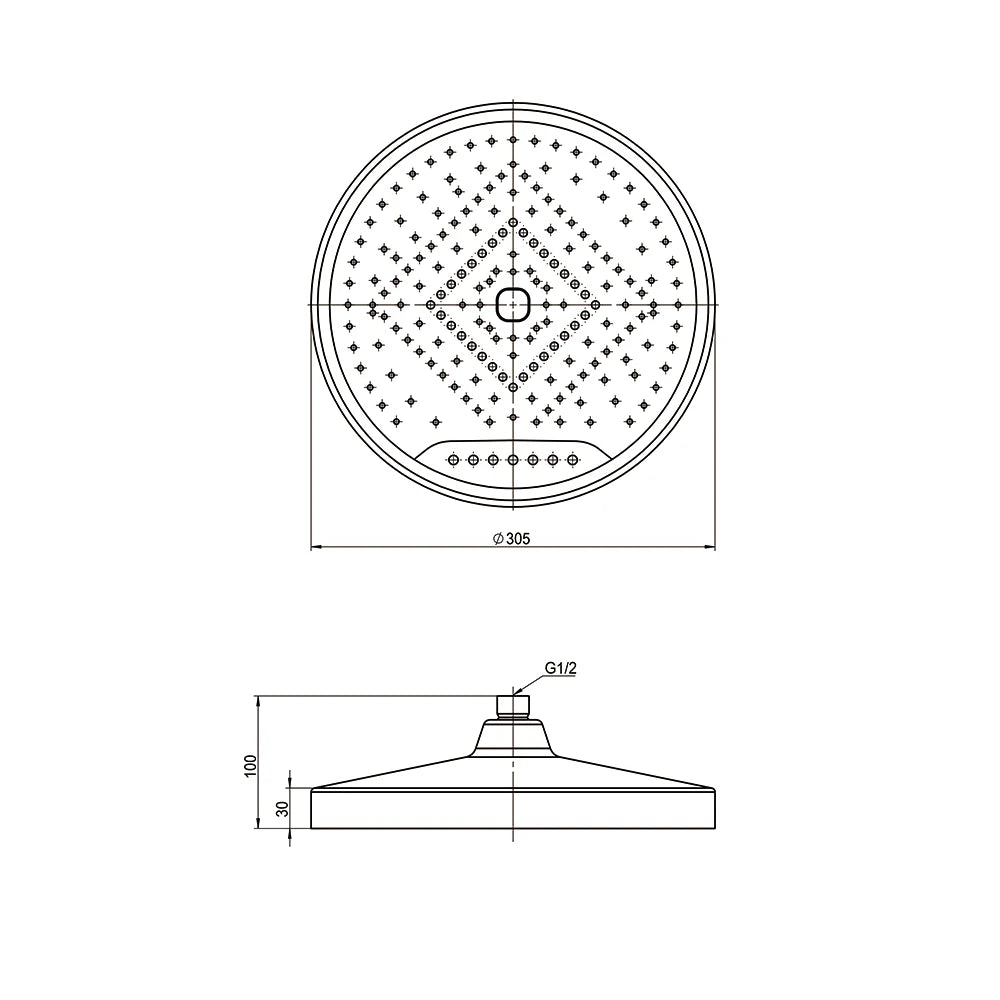 Technical dimension diagram for AMOZA 300mm Dual Function Shower Head