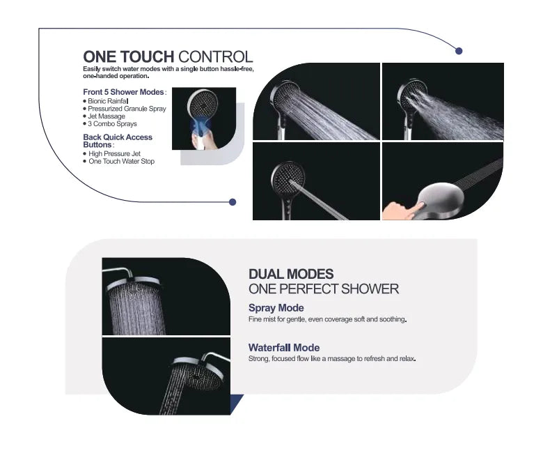 Infographic guide showing how to switch between spray and waterfall modes on 300mm Amoza shower head