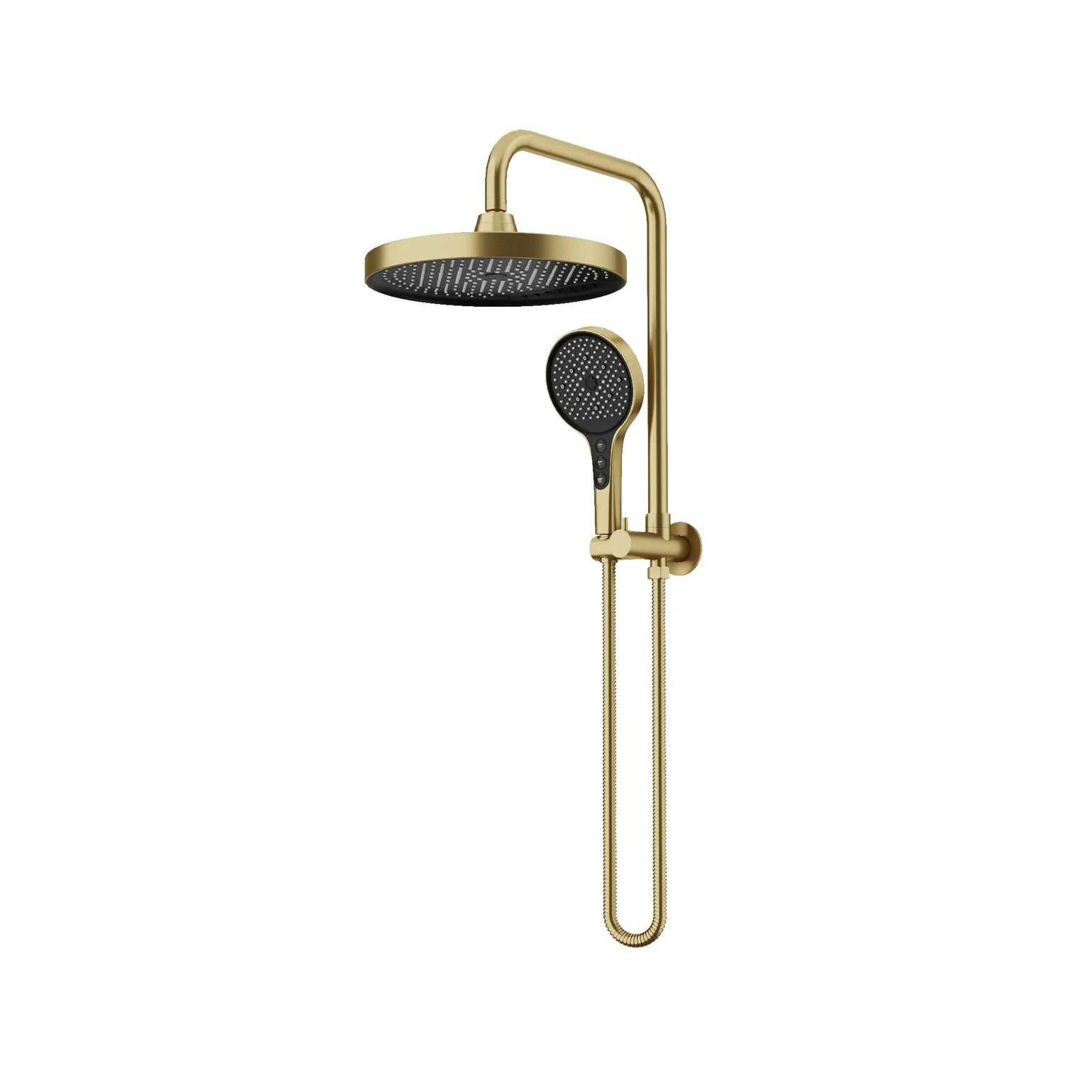 Brushed Gold AMOZA 300mm Dual Function Twin Shower Set WELS S18937 on a white background