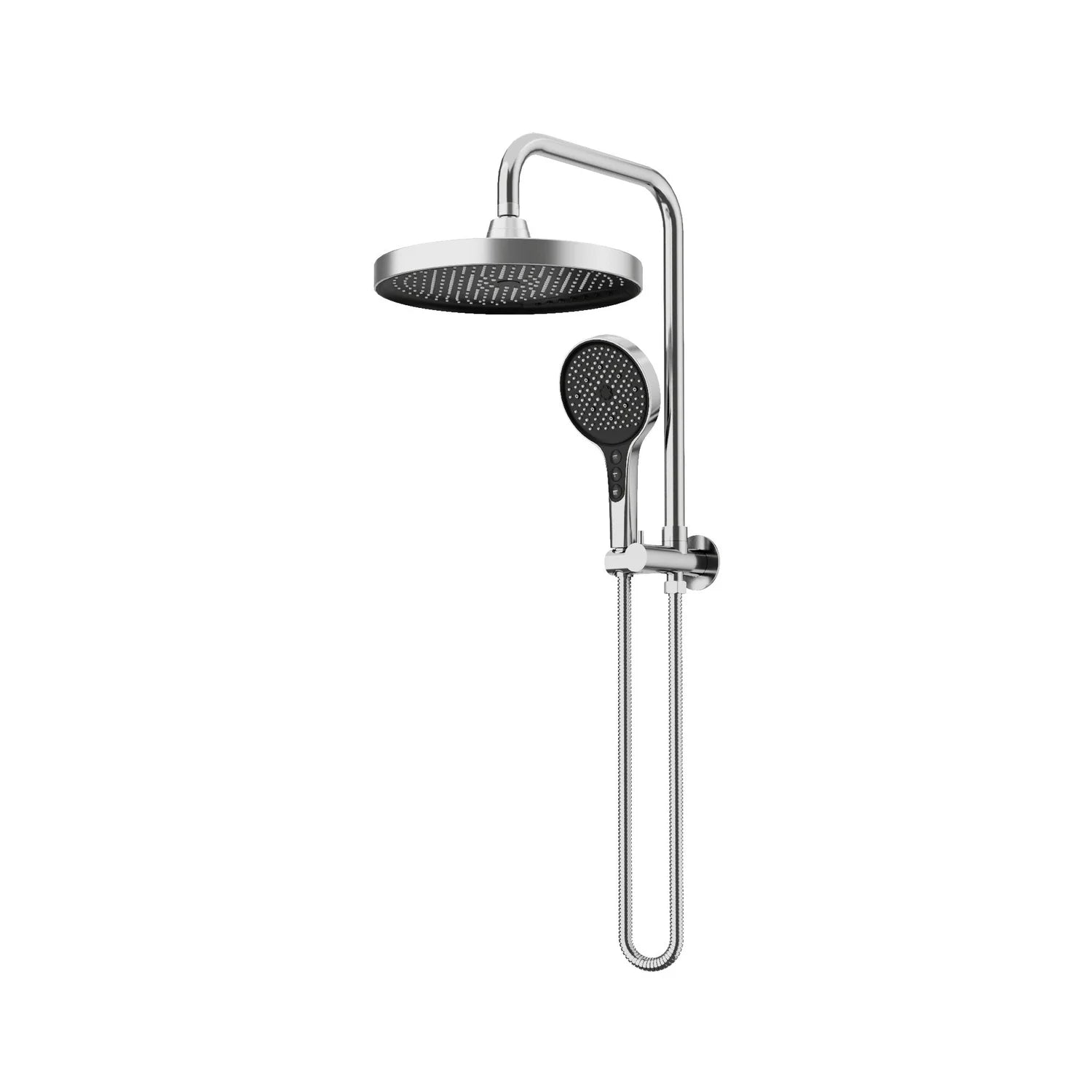 Chrome AMOZA 300mm Twin Shower Set with 5-Function Hand Shower SS 304 on a white background