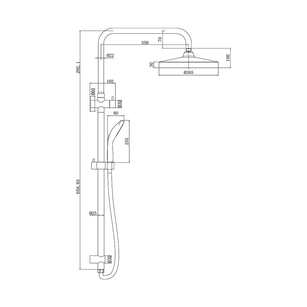 Technical dimension diagram for AMOZA 300mm Wall Shower Arm and Head Set on a white background