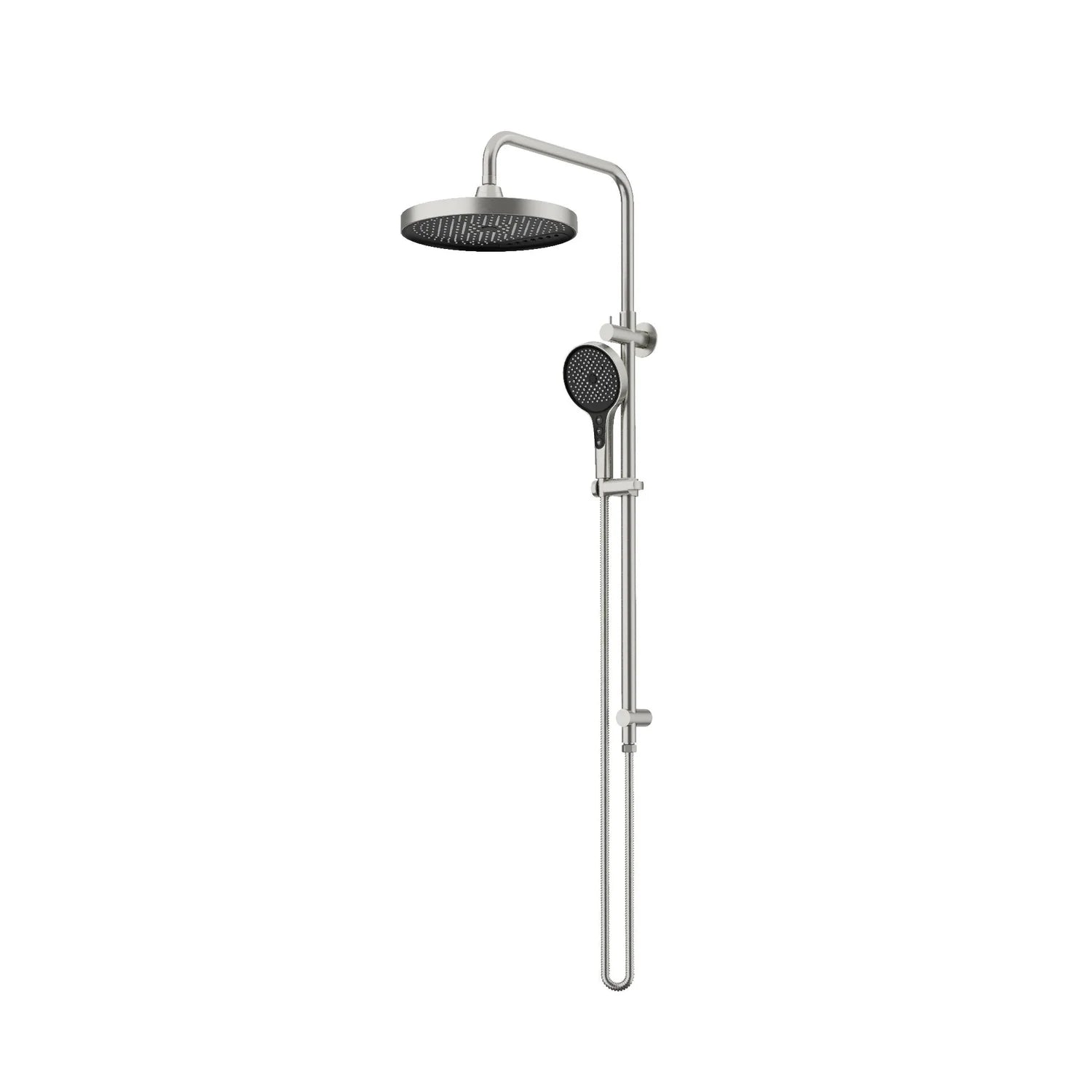 Brushed Stainless Steel AMOZA 300mm Rainfall & Waterfall Wall Arm Set on a white background