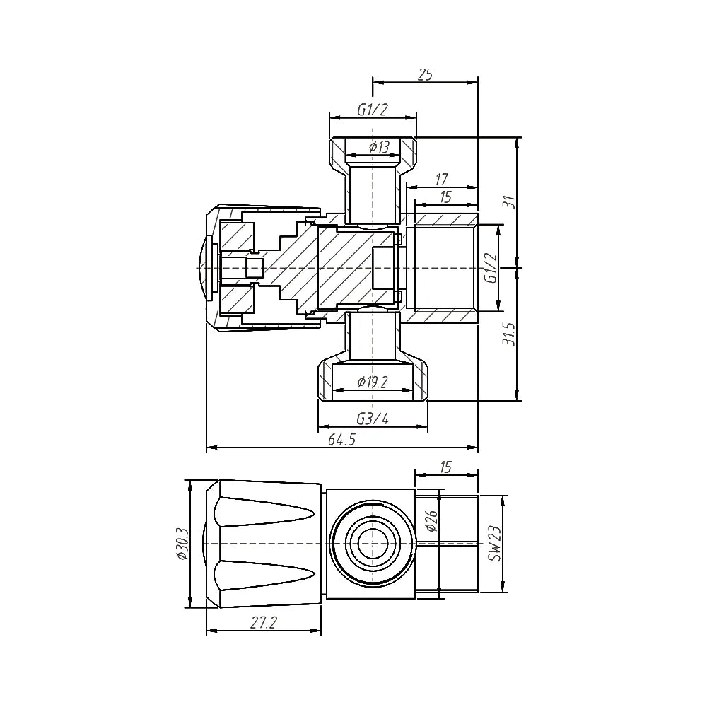 Technical dimension diagram for AMOZA DN15 Three Way Stop Tap 15x15x20mm