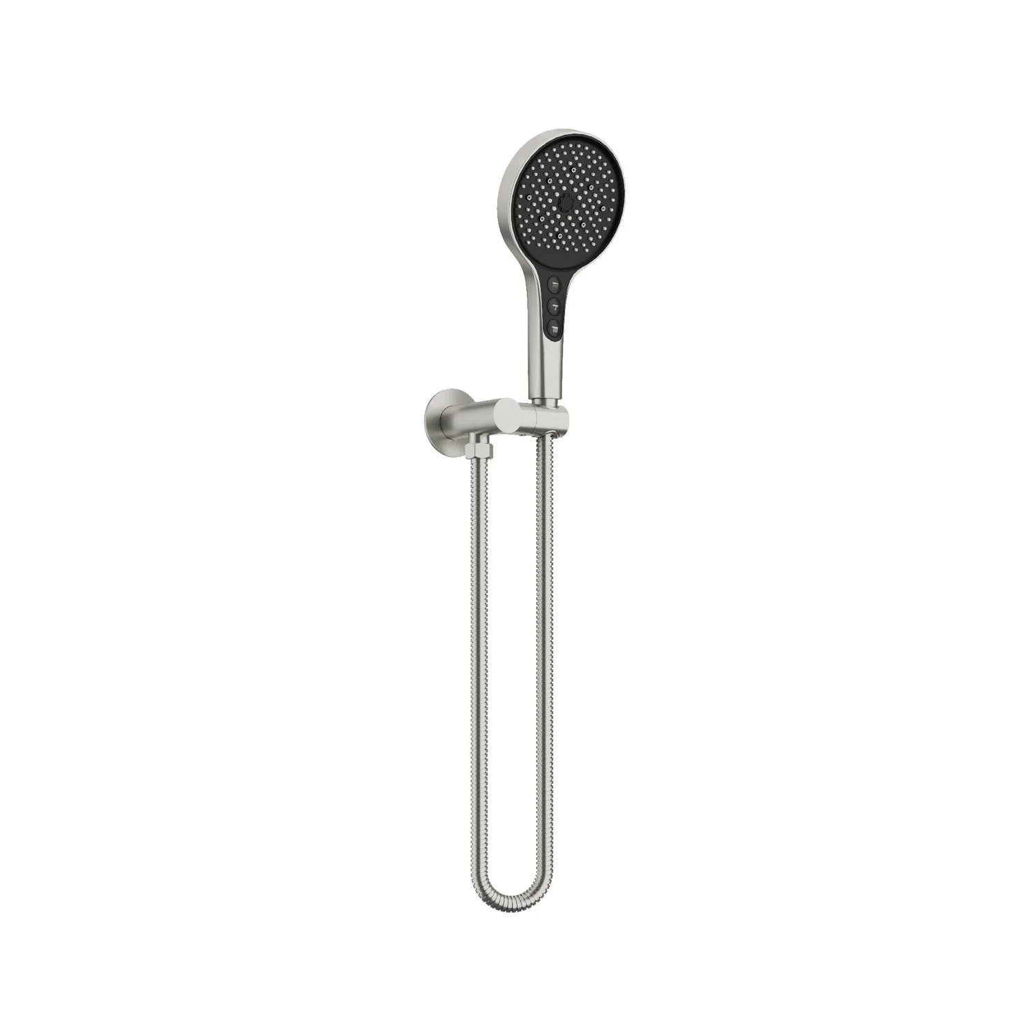 Brushed stainless steel handheld shower head with adjustable wall bracket, modern bathroom accessory