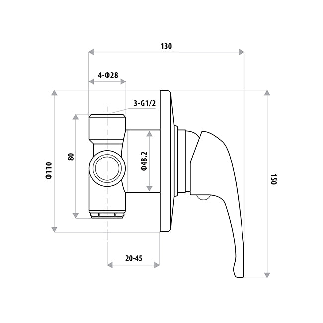 Amoza Chrome Trade Shower Wall Mixer dimensions diagram. Showing the 60mm cover plate diameter, the required rough-in depth for the wall body, and the overall pin lever size for installation.