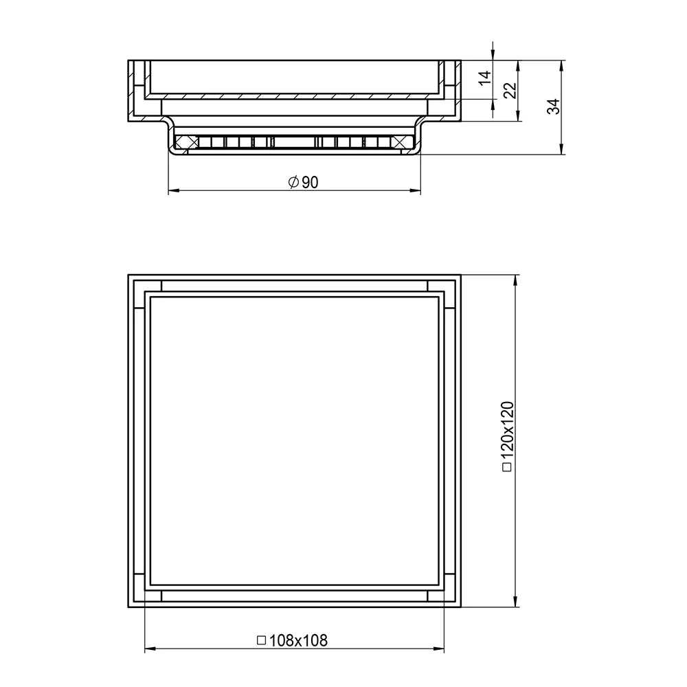 Technical dimension diagram for Amoza DN100 316 Stainless Steel Tile Insert Grate W636 series