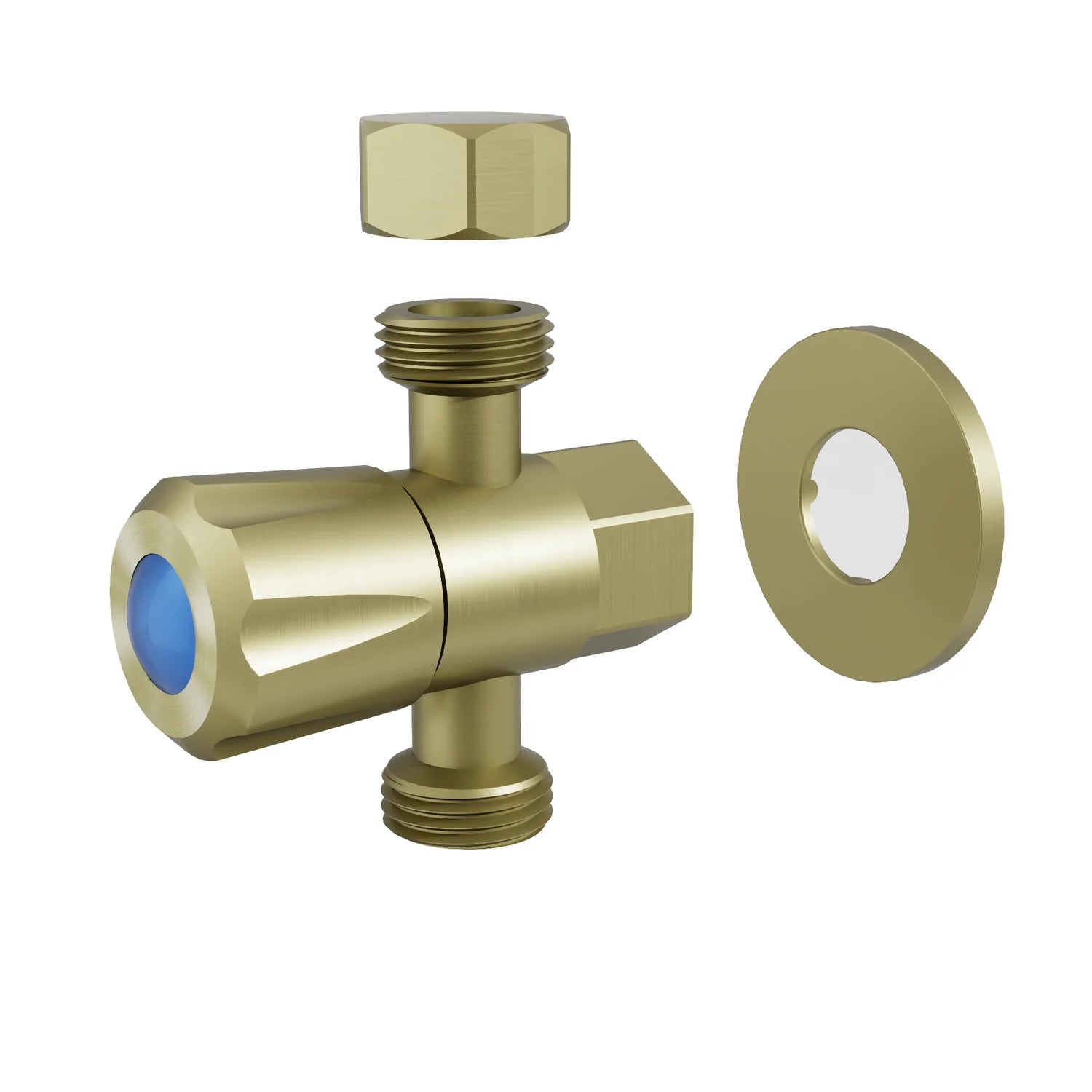 Exploded view of AMOZA DN15 Three Way Stop Tap in Brushed Gold finish, showing included cover plate and blue cold water indicator.