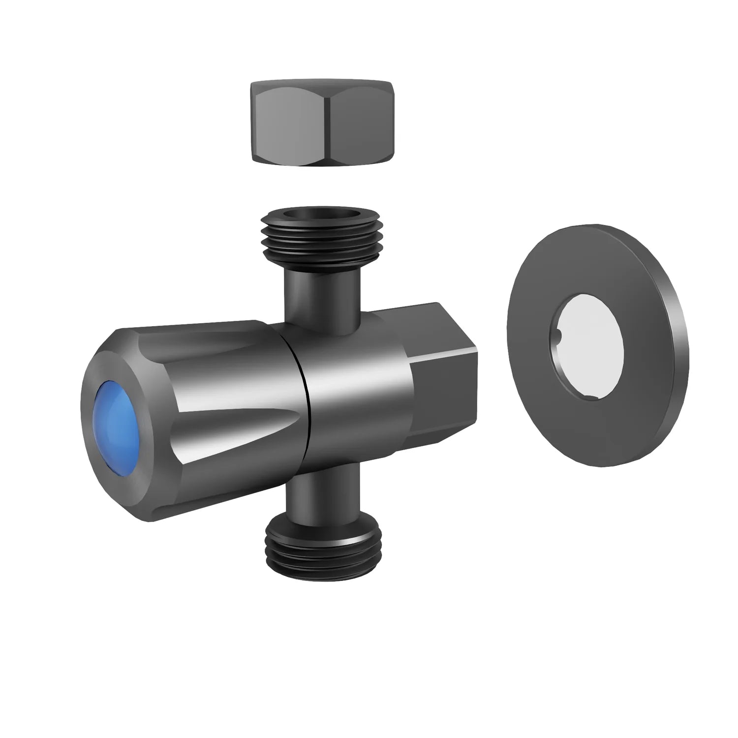 Exploded view of AMOZA DN15 Three Way Stop Tap in Gun Metal finish, showing included cover plate and blue cold water indicator.