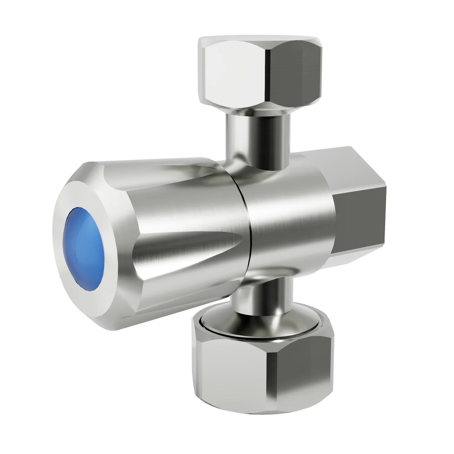 rushed Stainless Steel AMOZA DN15 Three Way Stop Tap 15x15x20mm on a white background