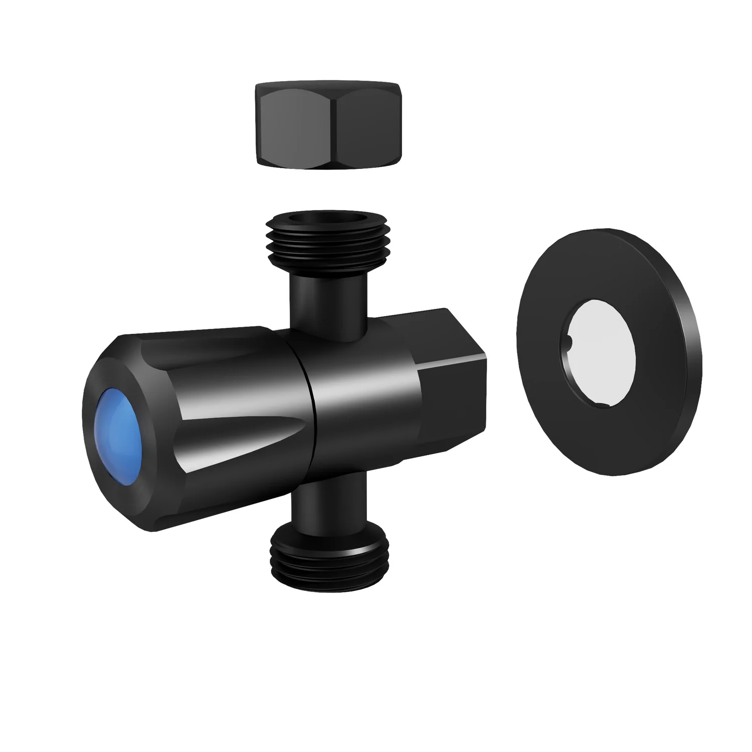 Exploded view of AMOZA DN15 Three Way Stop Tap in Matt Black finish, showing included cover plate and blue cold water indicator.