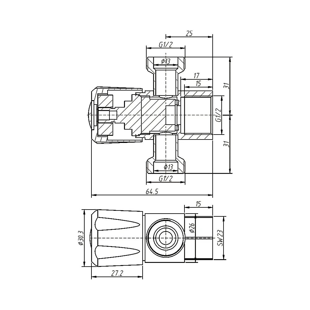 Technical dimension diagram for AMOZA DN15 Three Way Stop Tap 