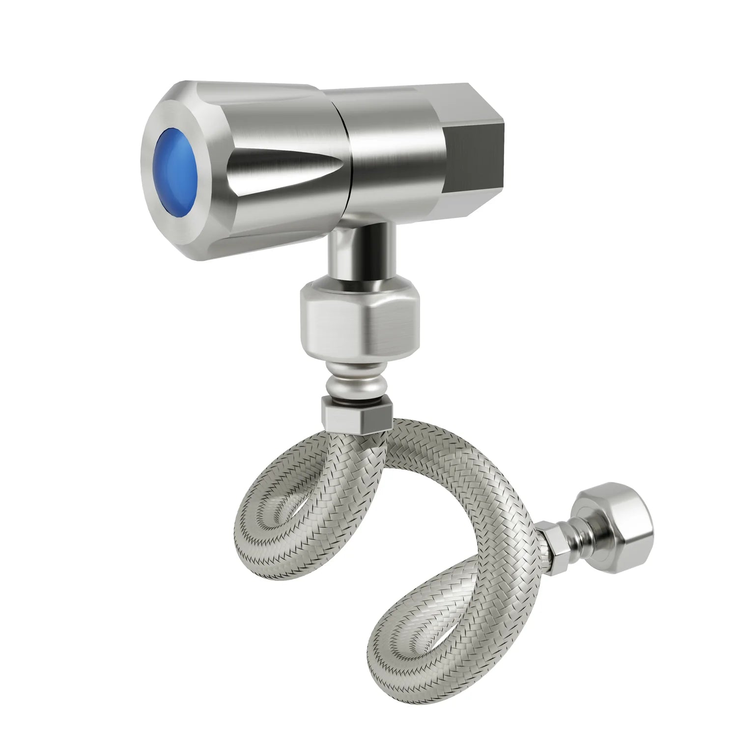 Brushed Stainless Steel AMOZA DN15 Mini Cistern Kit with PEX Hose on a white background