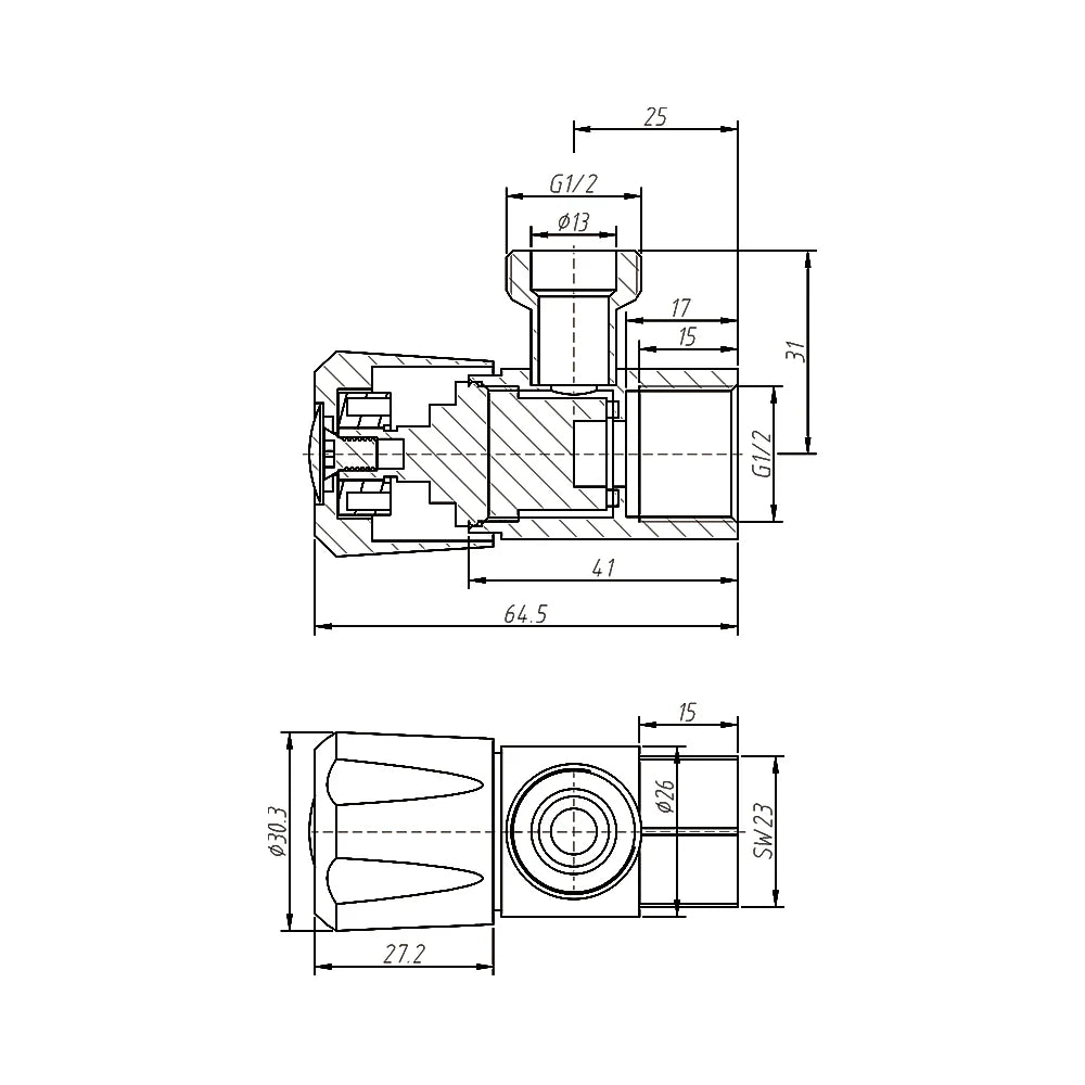 Technical dimension diagram for AMOZA DN15 Mini Cistern Tap