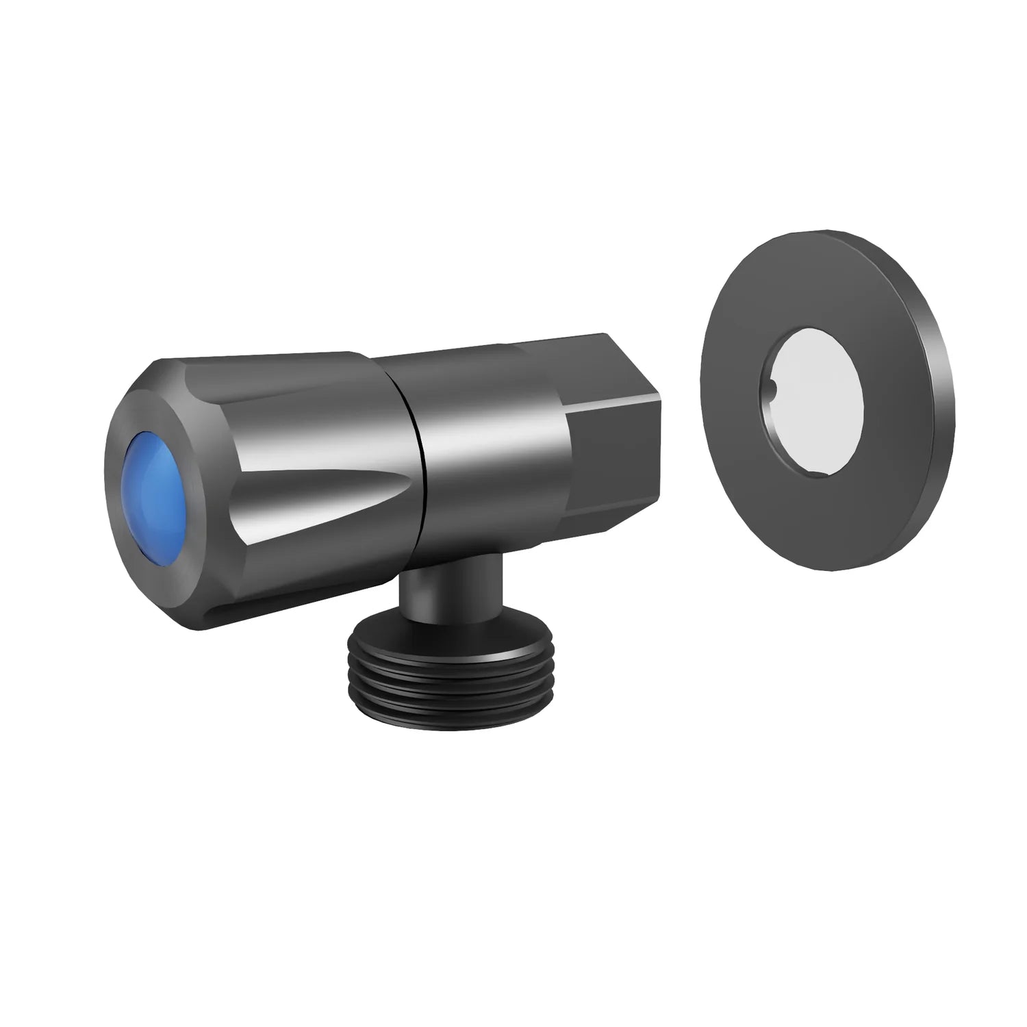 Gun Metal AMOZA DN15 Mini Tap With Cover Plate and Red/Blue Indicators on a white background