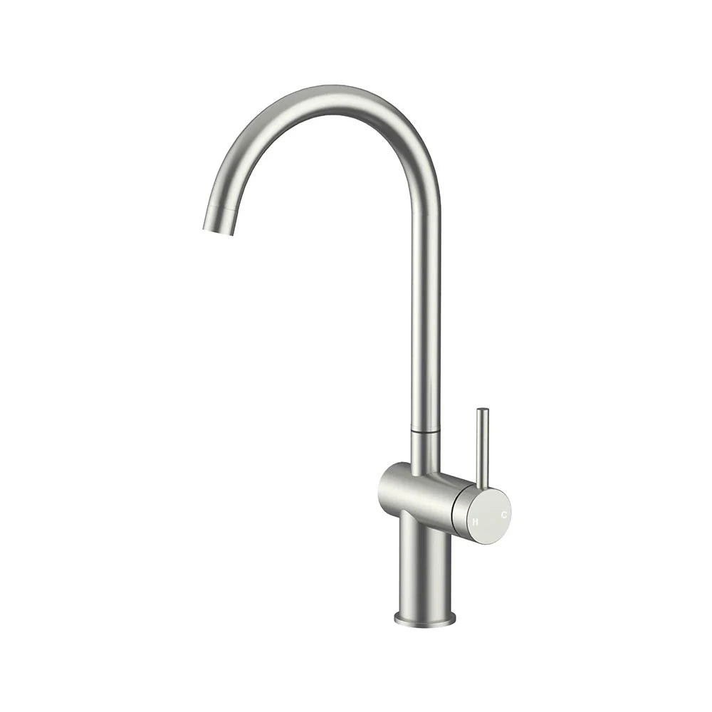 Brushed Stainless Steel AMOZA Gooseneck Kitchen Mixer SS 304 on a white background