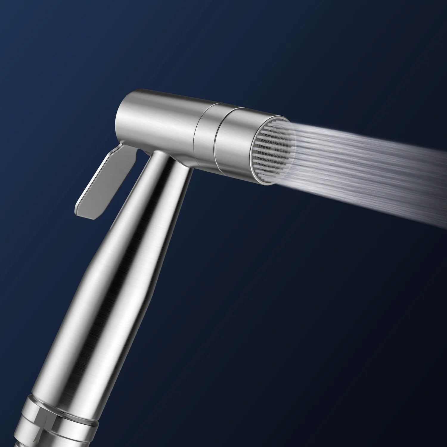 Chrome shower head with water stream on a dark blue background