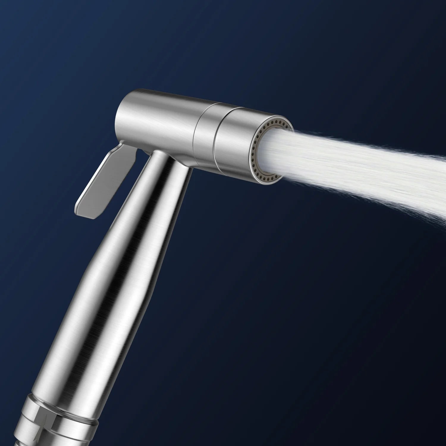 Chrome kitchen faucet with water stream on a dark blue background