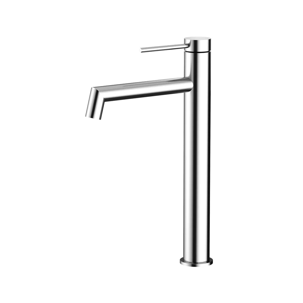 Amoza MX6104CP Chrome Hi-Rise Right Angle Basin Mixer. Features high spout clearance and lead-free construction.