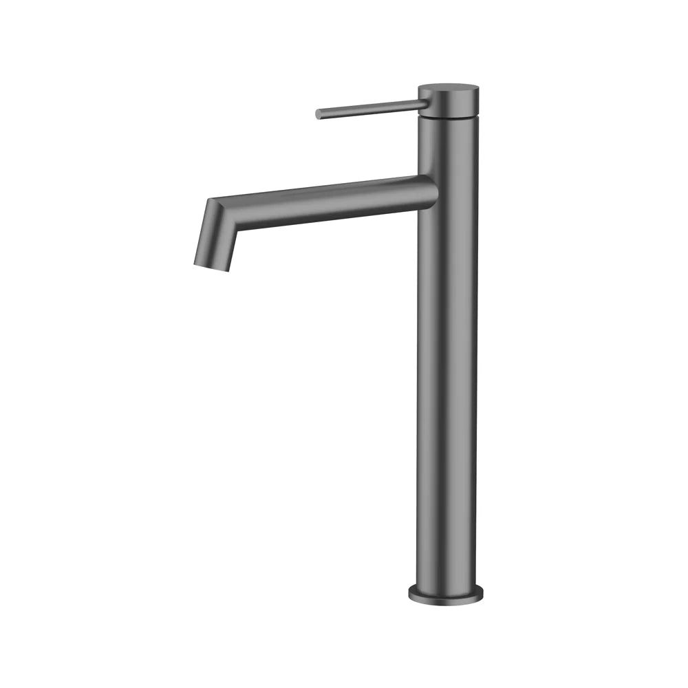 Amoza MX6104GM Gun Metal Hi-Rise Tall Basin Mixer. Geometric design, 300mm height, and 15-year warranty.