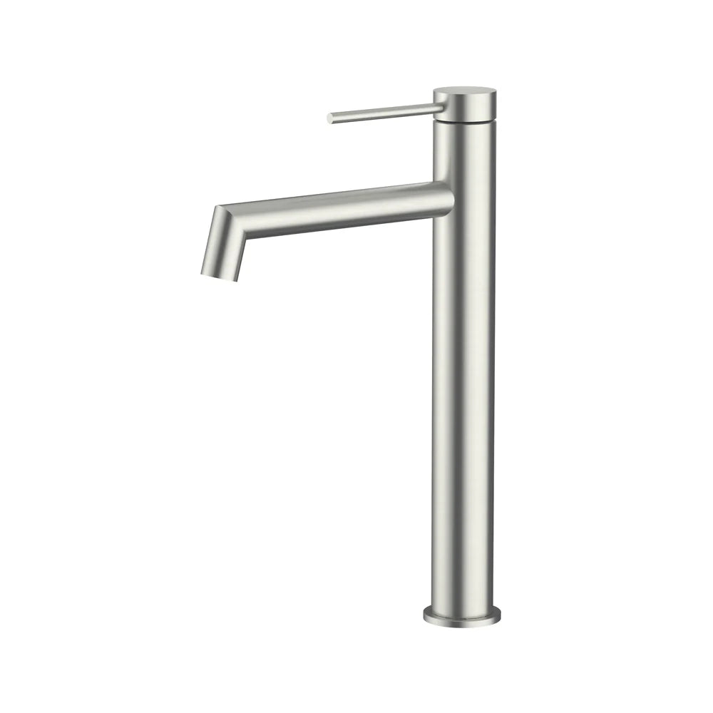 Amoza MX6104SS Brushed Stainless Steel Hi-Rise Right Angle Basin Mixer. Corrosion-resistant and tall design.