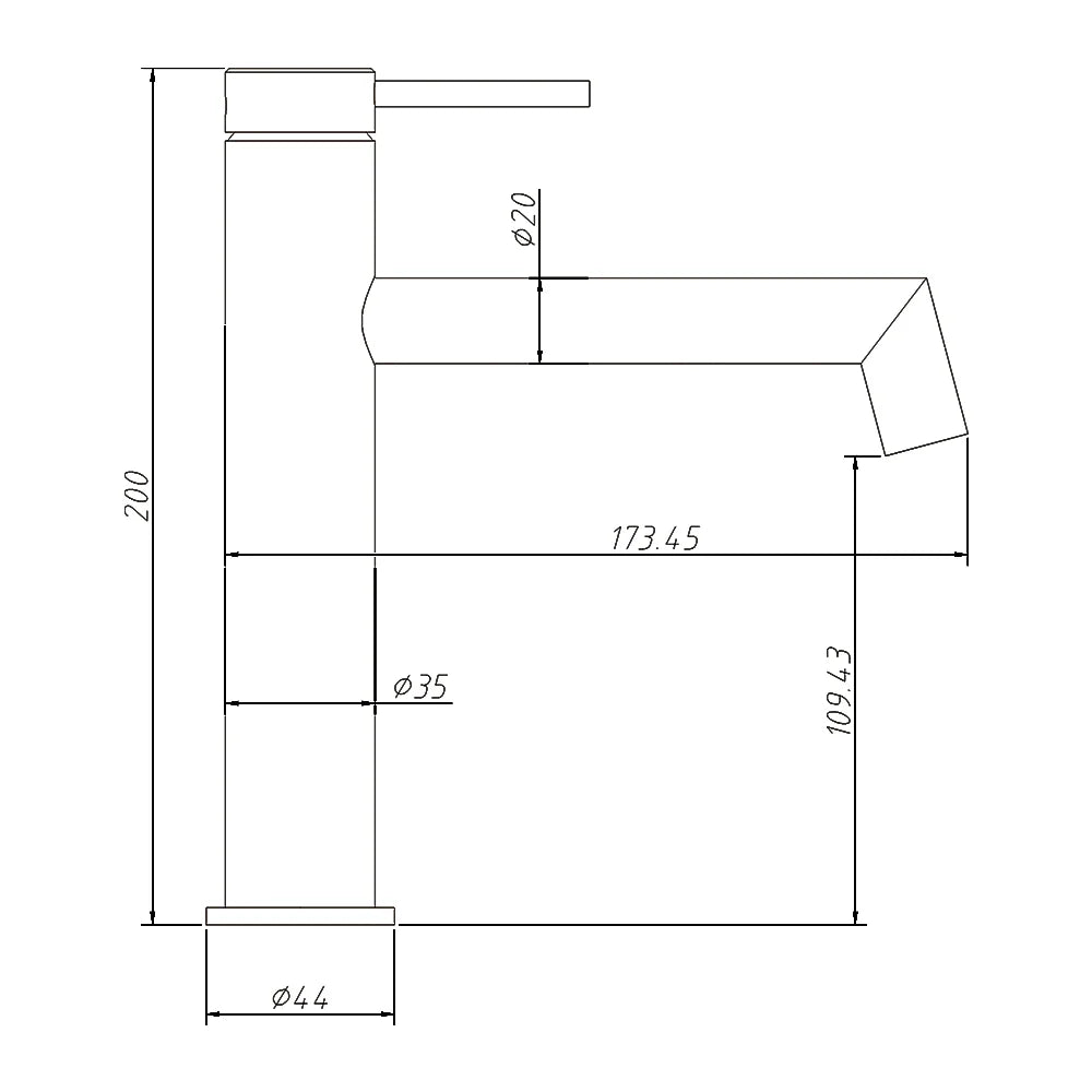 Amoza MX6105 Right Angle Basin Mixer dimensions diagram. Showing total height, spout reach, and spout clearance for benchtop installation.