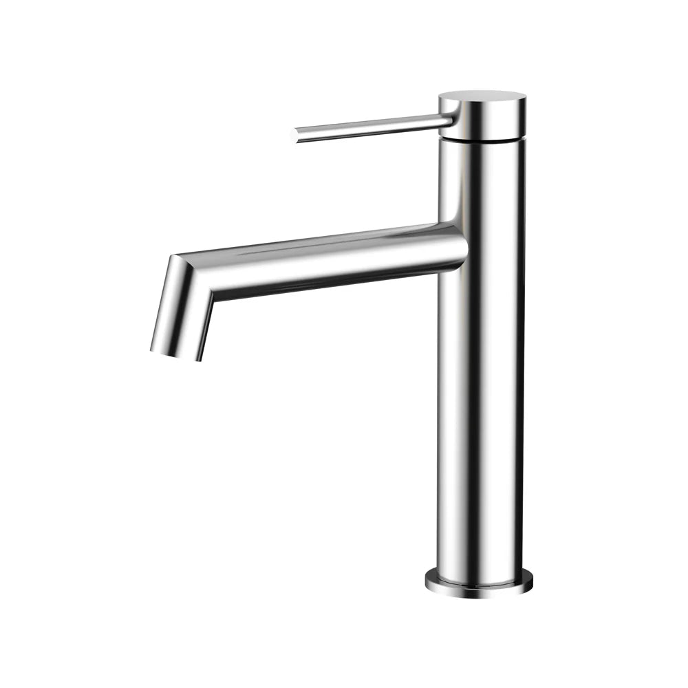 Amoza MX6105CP Chrome 304 SS Right Angle Basin Mixer. Features geometric design and WELS 5-Star rating.