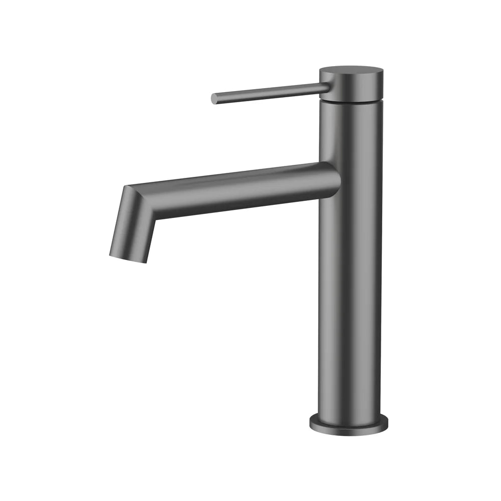 Amoza MX6105GM Gun Metal 304 SS Right Angle Basin Mixer. Modern desktop tapware in a dark metallic finish.
