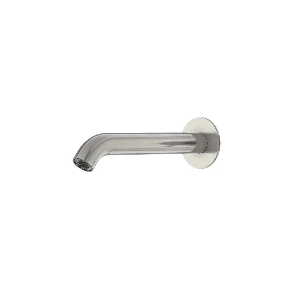 Modern brushed stainless steel curved bath spout, wall-mounted, minimalist bathroom tapware