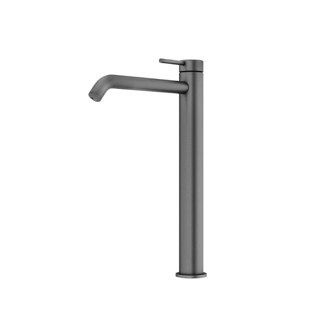 Amoza MX8674GM Gun Metal 304 SS High Rise Tall Basin Mixer. Curved design, 50mm pin lever, and 15-year warranty.