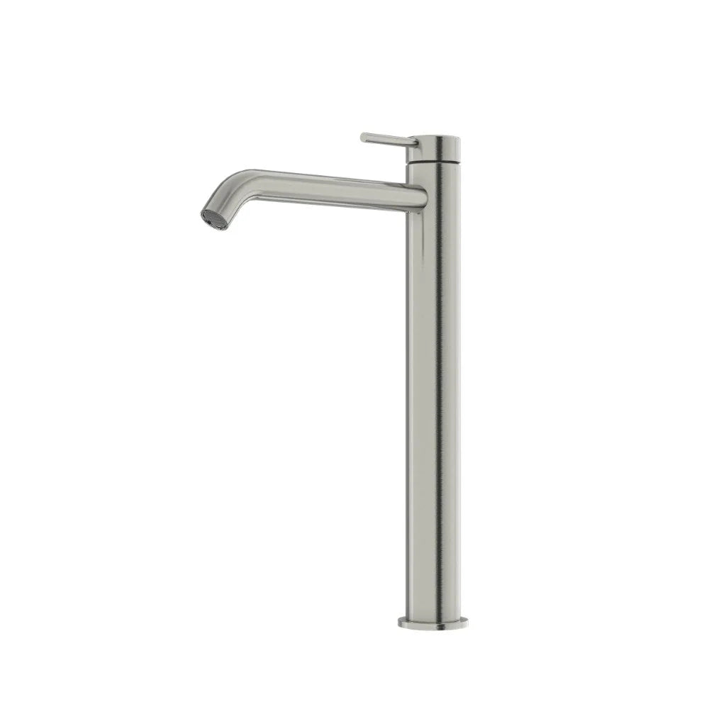 Amoza MX8674SS Brushed Stainless Steel High Rise Curved Basin Mixer. Durable 304 SS, corrosion-resistant, and elegant.