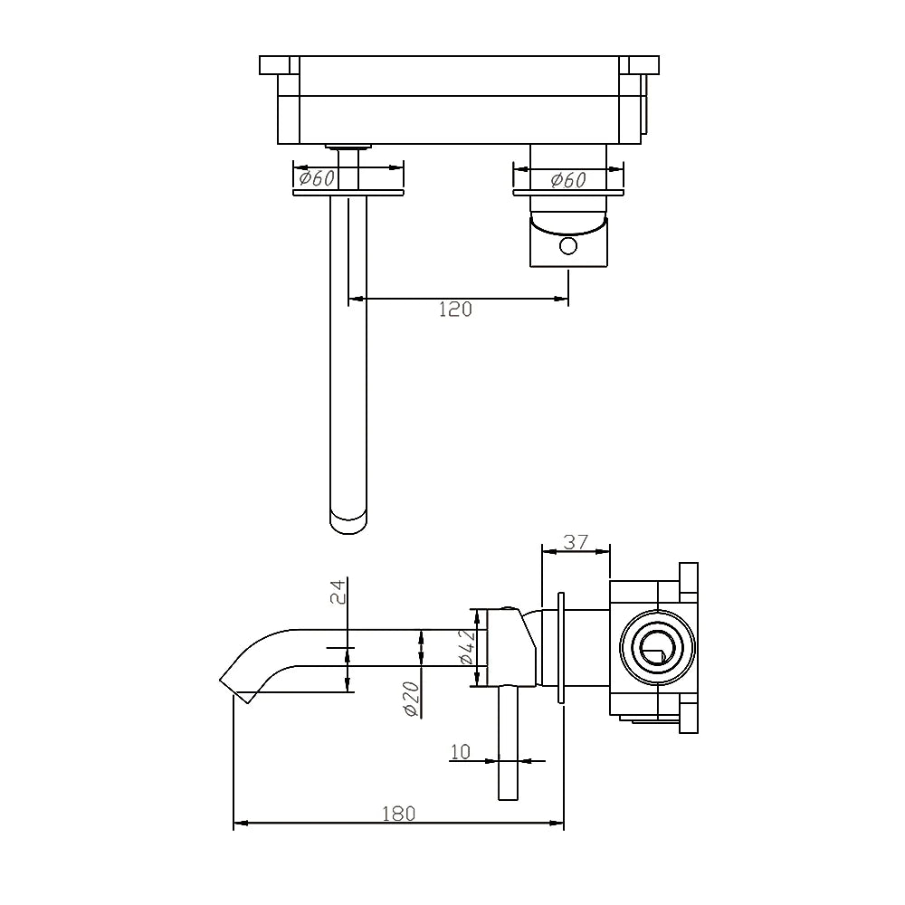 Technical installation diagram of a modern bathroom wall-mounted tapware with measurements