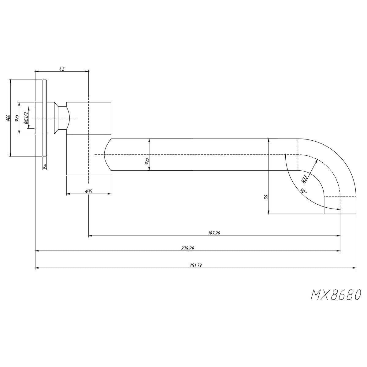 Amoza MX8680 technical drawing: 239.29mm wall-to-outlet centre, 251.79mm overall projection and G1/2 inlet