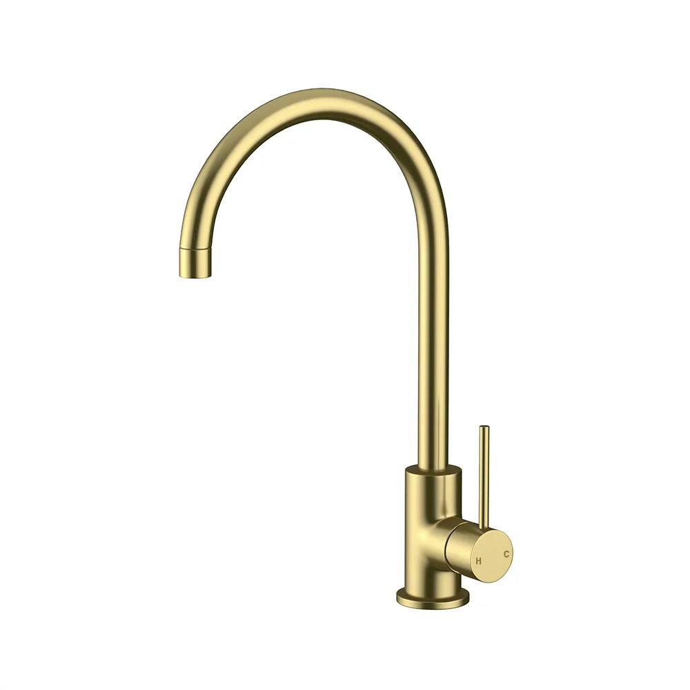 Brushed Gold AMOZA Progo Gooseneck Sink Mixer Tap WELS T44670 on a white background