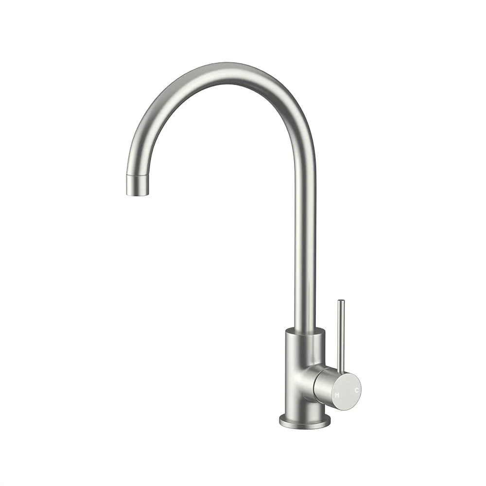 Brushed Stainless Steel AMOZA Progo Kitchen Mixer SS 304 on a white background