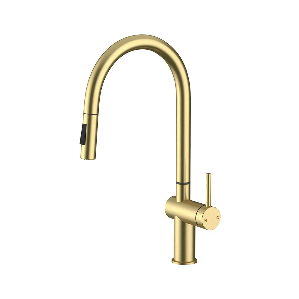 Brushed Gold AMOZA Pull-Out Sink Mixer Tap Dual Spray WELS T44671 on a white background