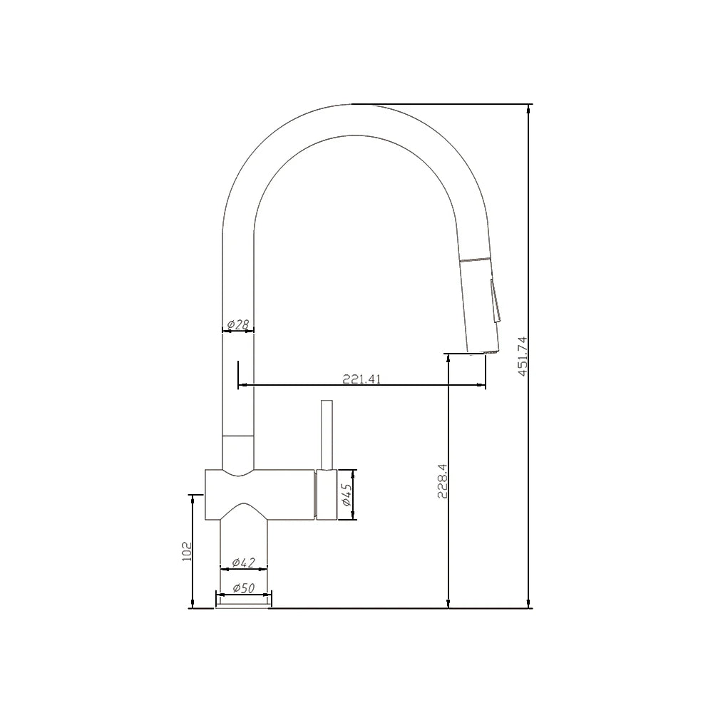 Technical dimension diagram for AMOZA Pull-Out Sink Mixer Tap