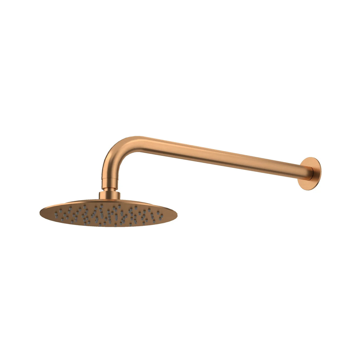 AMOZA 304 stainless steel round rainfall shower head with wall-mounted curved shower arm in Brushed Copper finish
